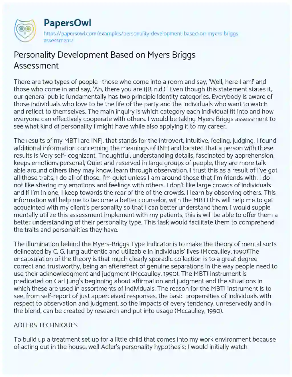 Essay on Personality Development Based on Myers Briggs Assessment