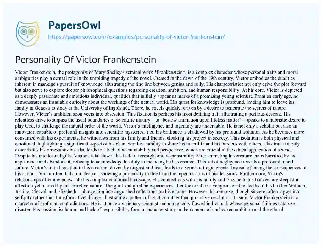 Essay on Personality of Victor Frankenstein