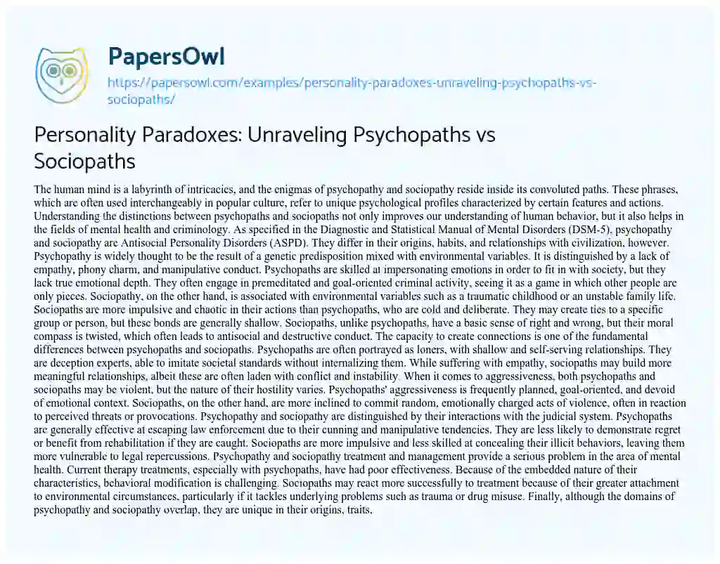 Essay on Personality Paradoxes: Unraveling Psychopaths Vs Sociopaths