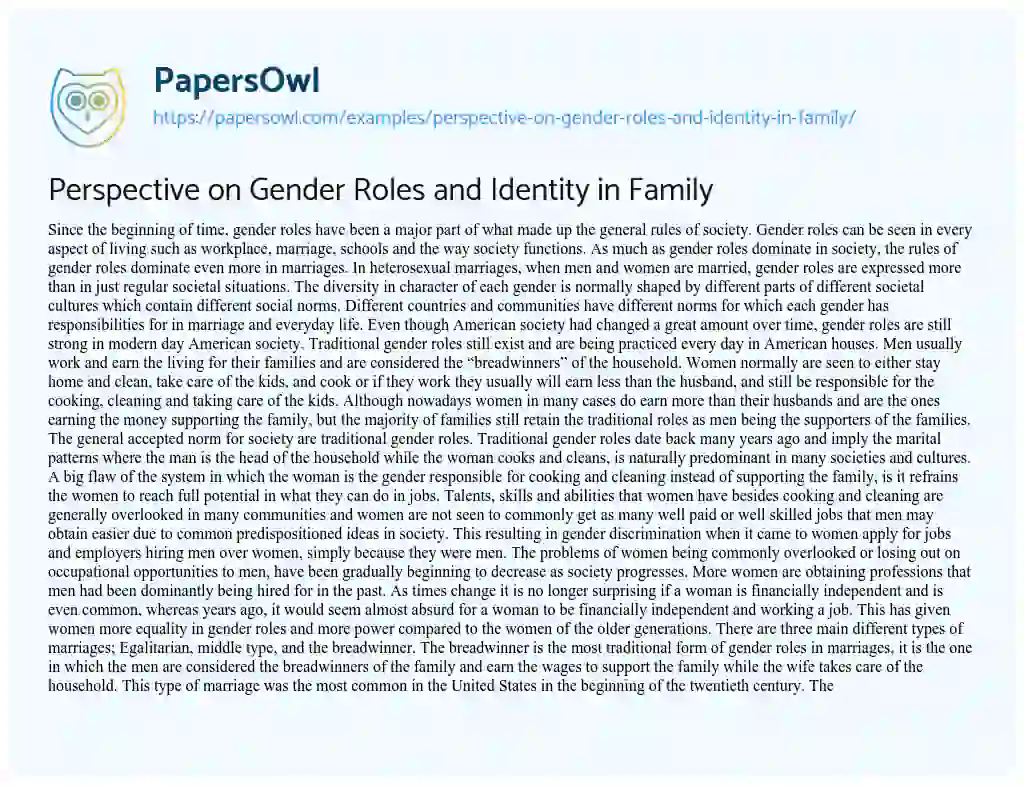 Essay on Perspective on Gender Roles and Identity in Family