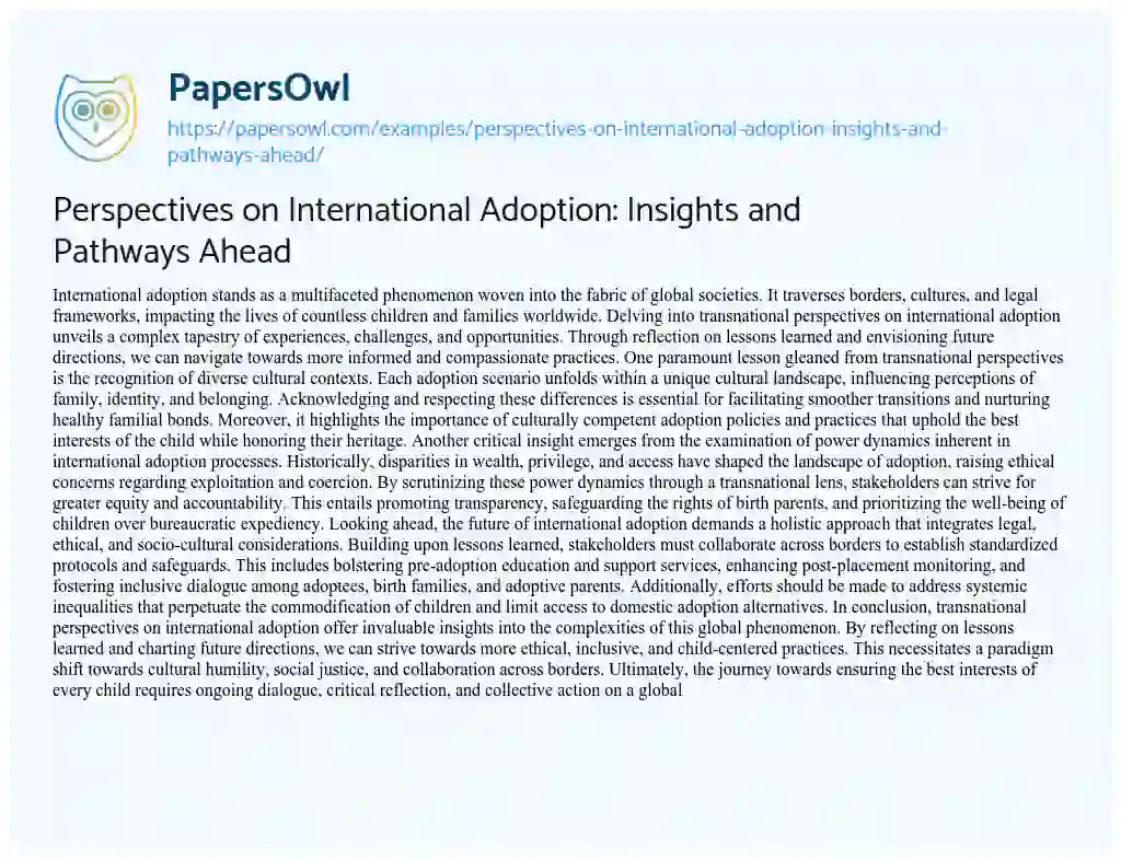 Essay on Perspectives on International Adoption: Insights and Pathways Ahead