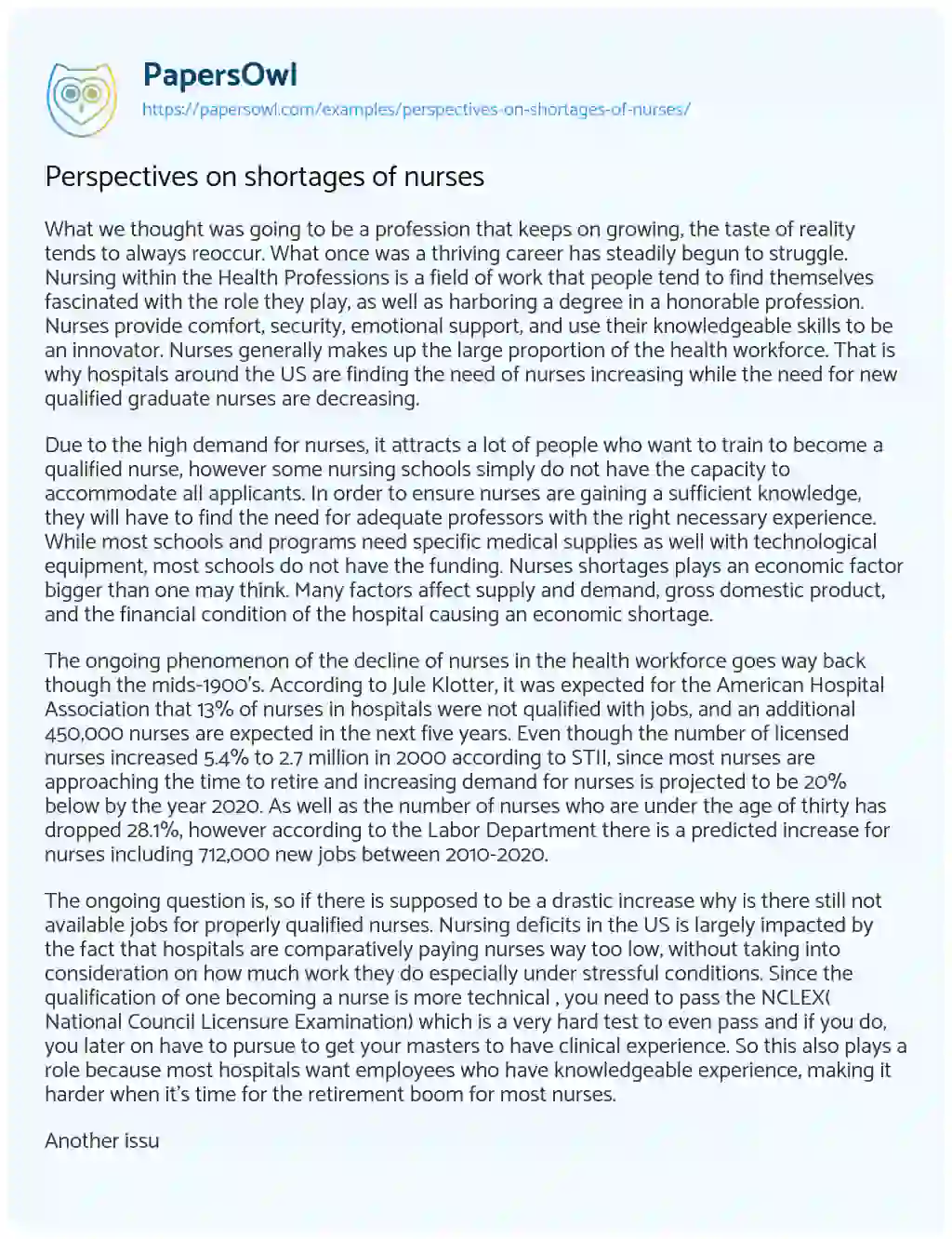 Perspectives on Shortages of Nurses  essay