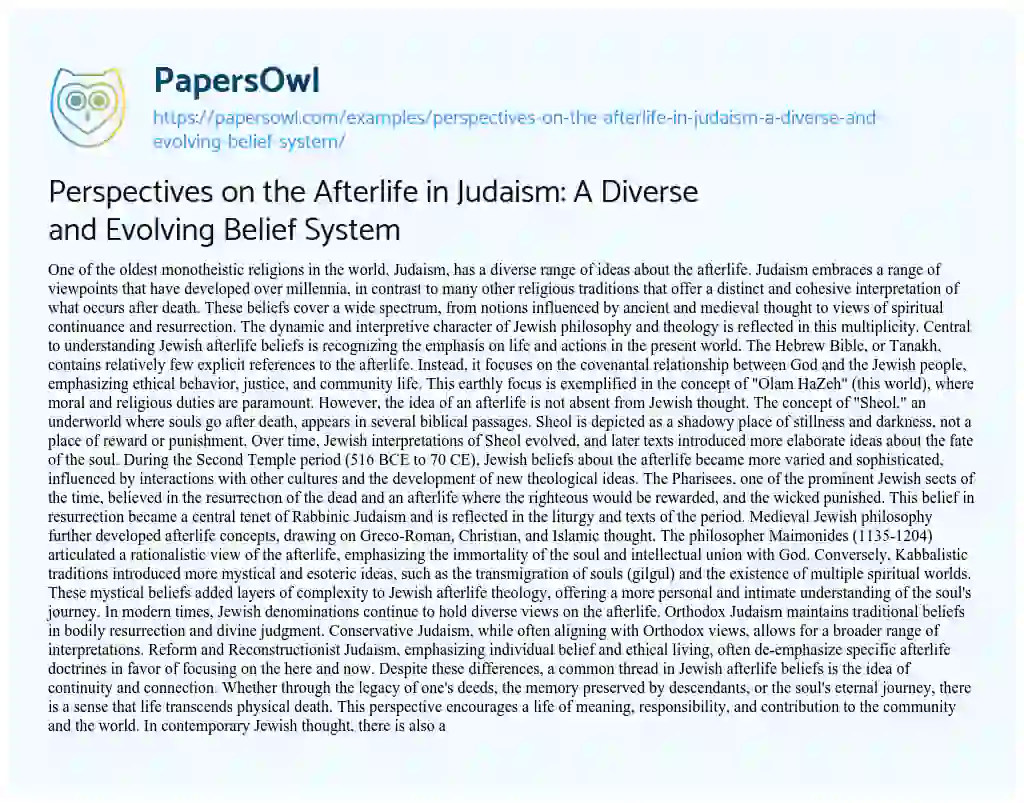 Essay on Perspectives on the Afterlife in Judaism: a Diverse and Evolving Belief System