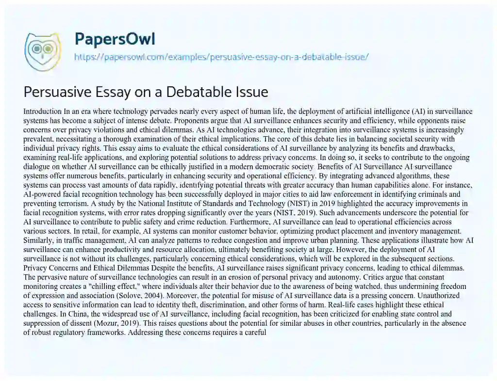 Essay on Persuasive Essay on a Debatable Issue