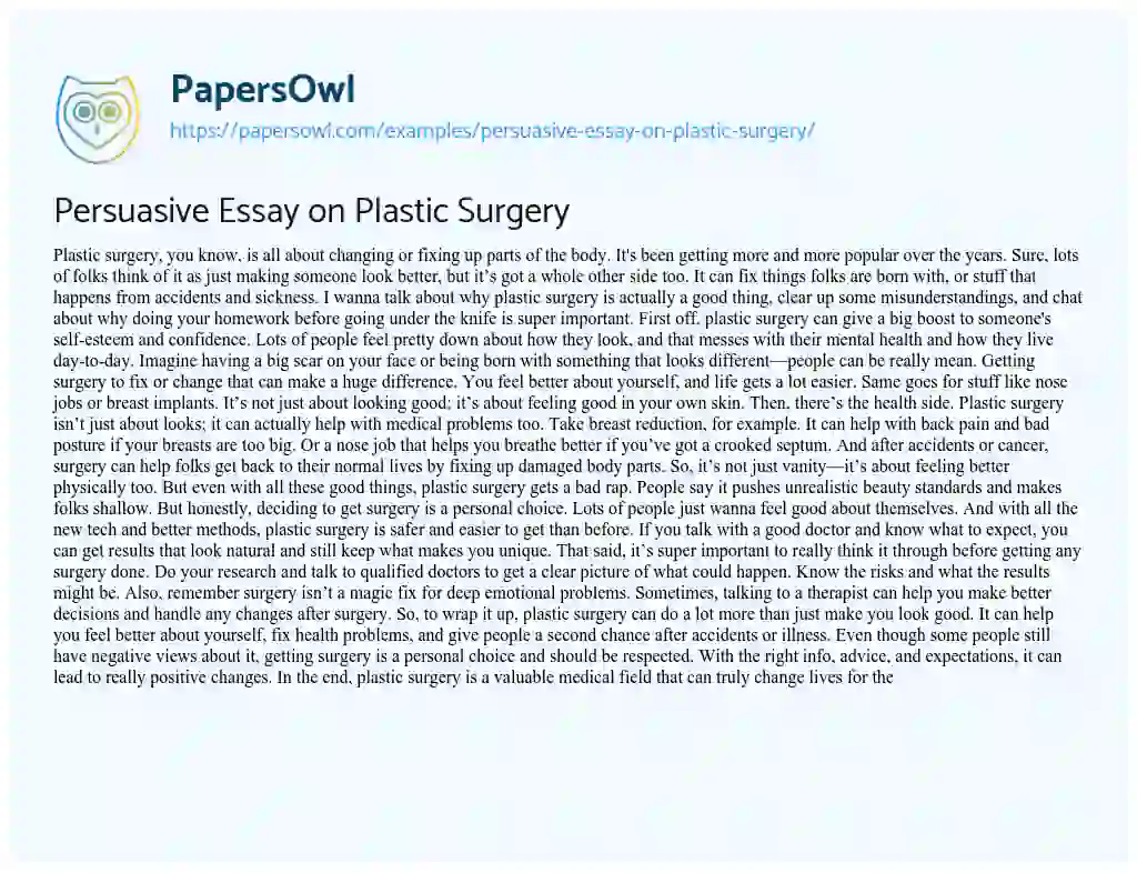 Essay on Persuasive Essay on Plastic Surgery