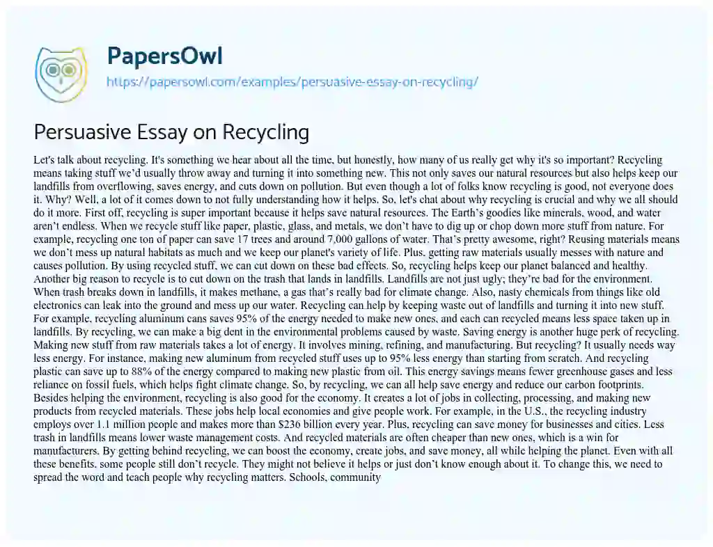 Essay on Persuasive Essay on Recycling