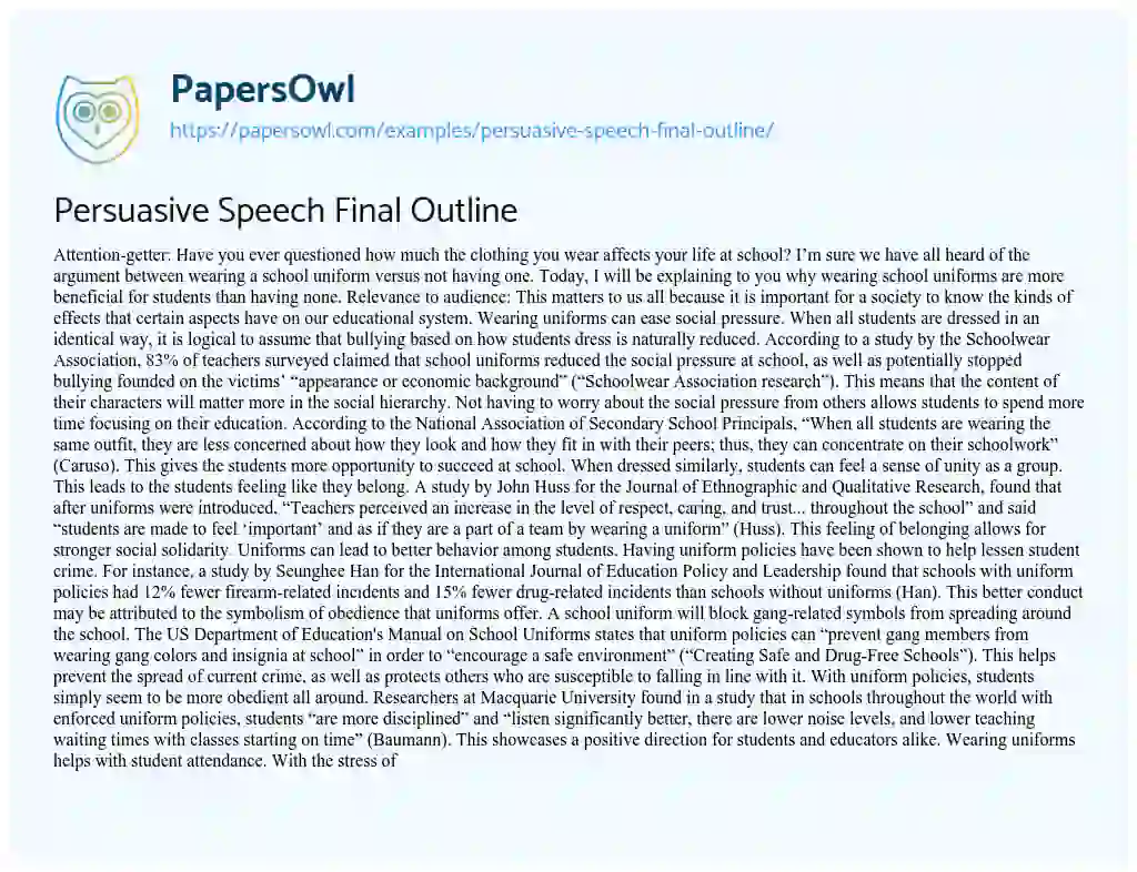 Essay on Persuasive Speech Final Outline