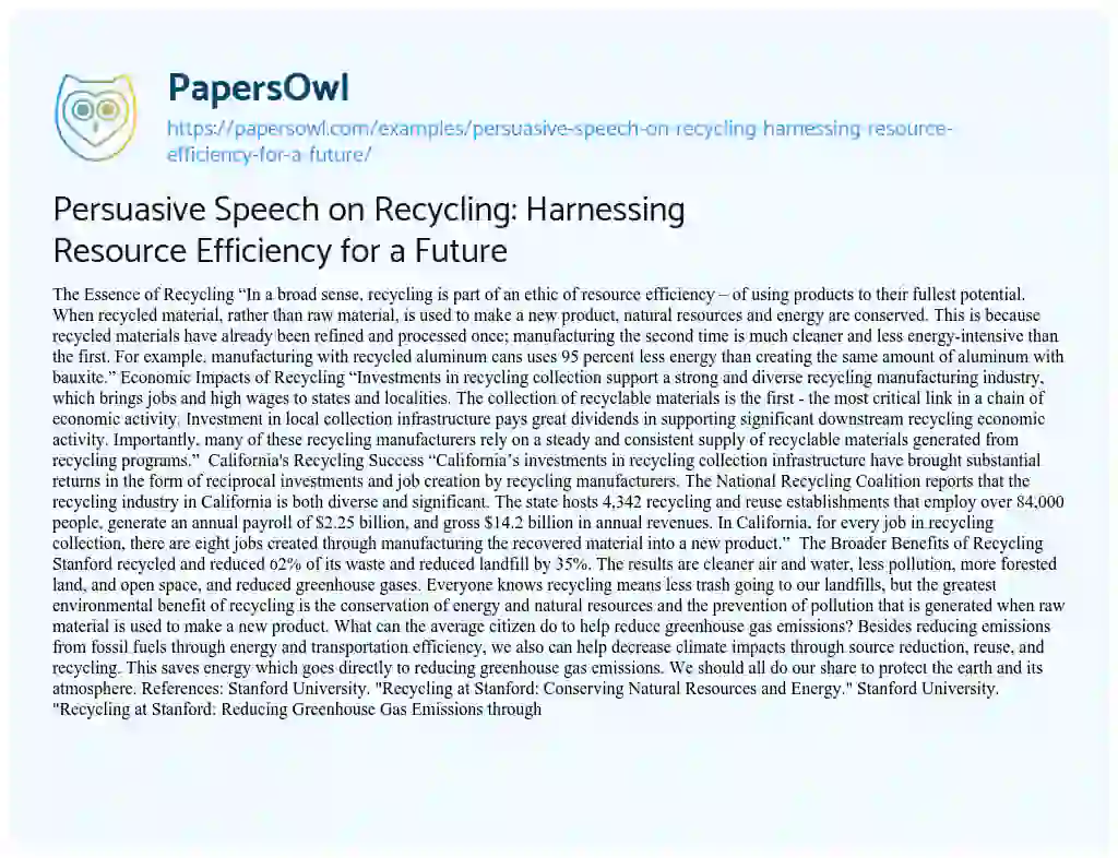 Essay on Persuasive Speech on Recycling: Harnessing Resource Efficiency for a Future