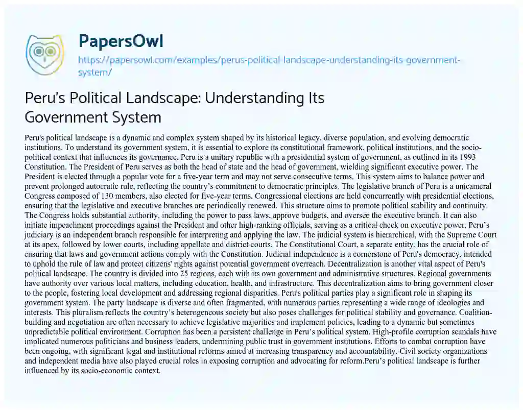 Essay on Peru’s Political Landscape: Understanding its Government System