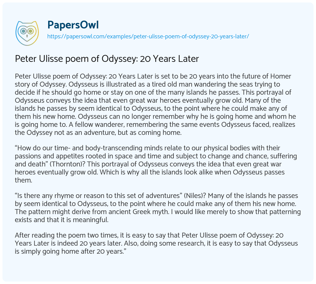Essay on Peter Ulisse Poem of Odyssey: 20 Years Later
