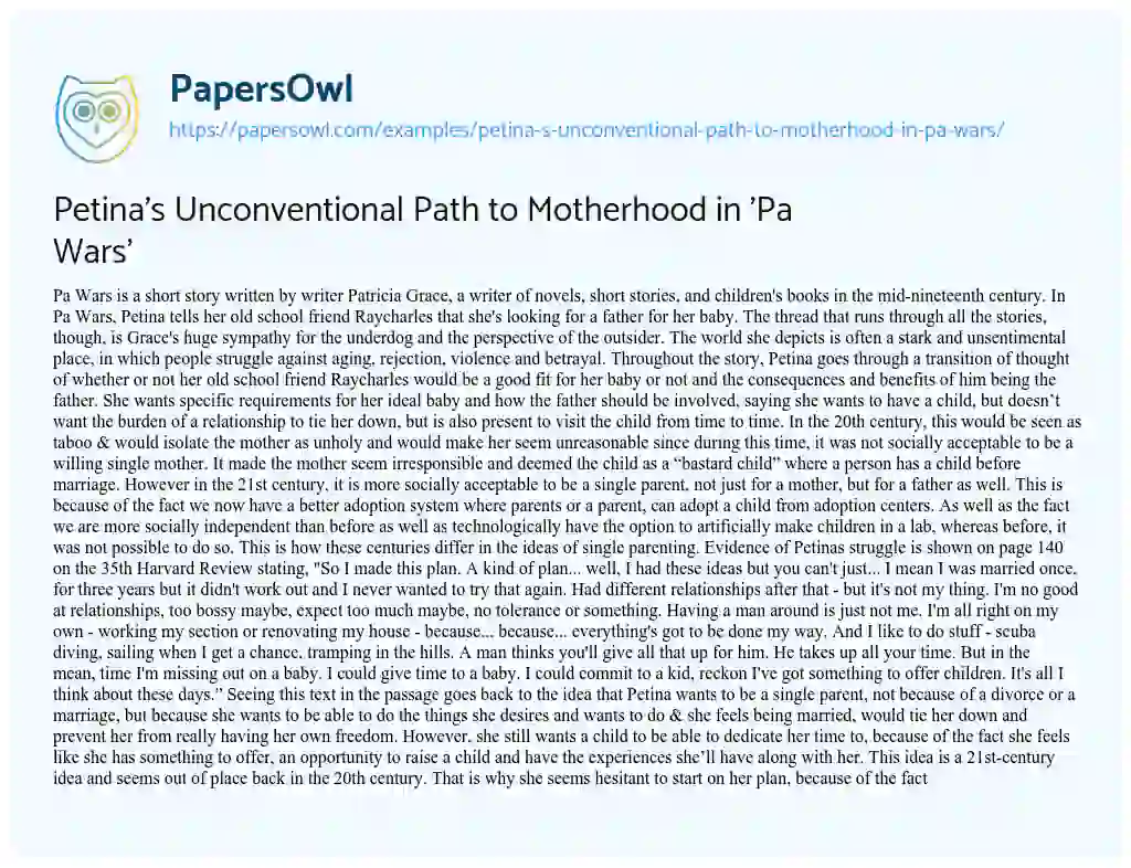 Essay on Petina’s Unconventional Path to Motherhood in ‘Pa Wars’