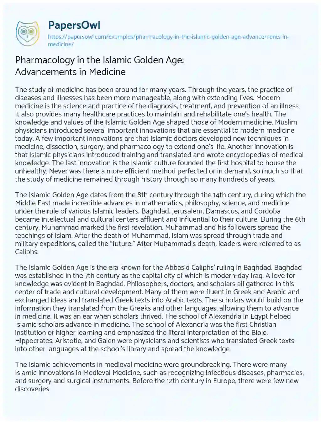 Essay on Pharmacology in the Islamic Golden Age: Advancements in Medicine