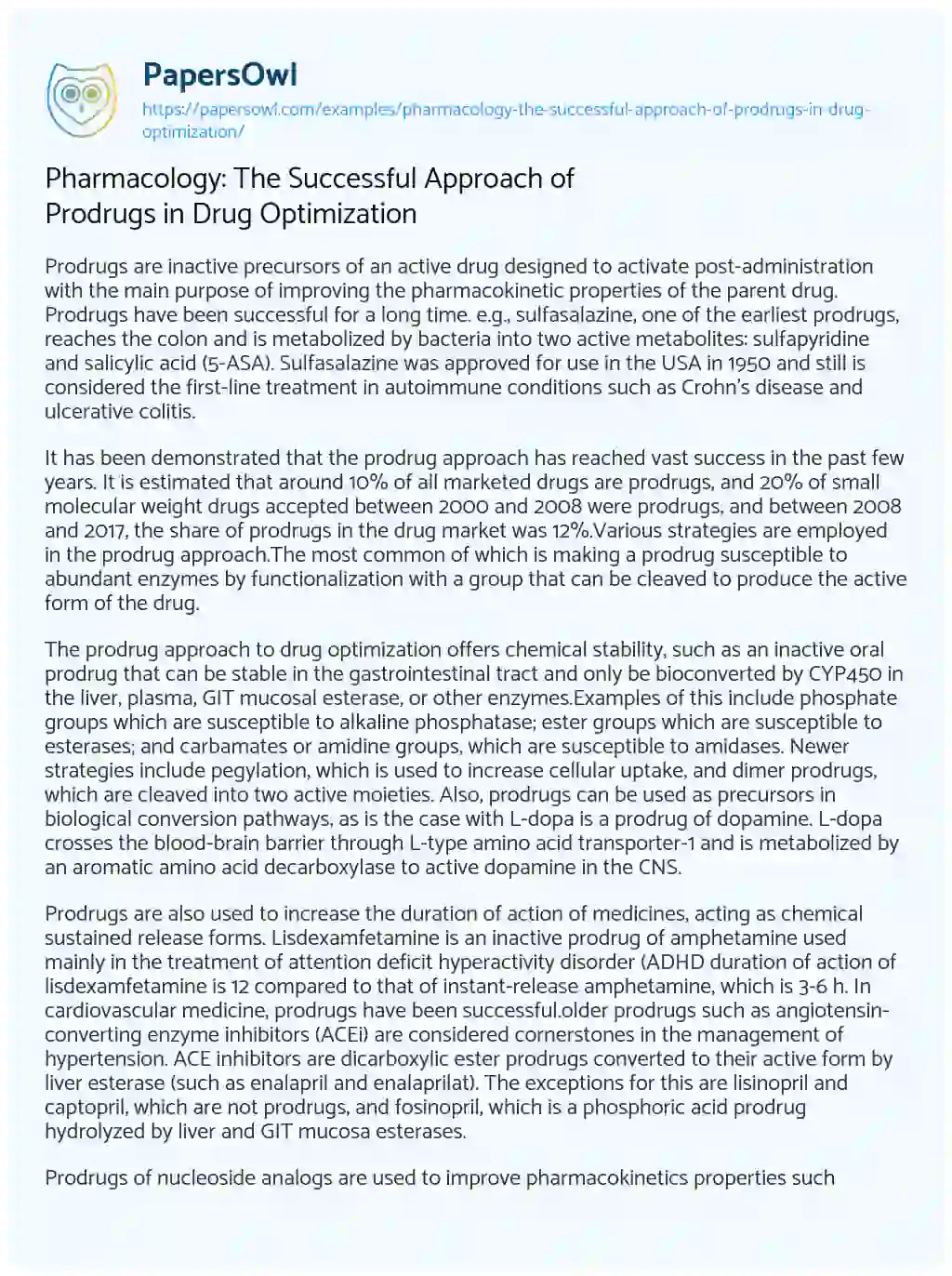 Essay on Pharmacology: the Successful Approach of Prodrugs in Drug Optimization