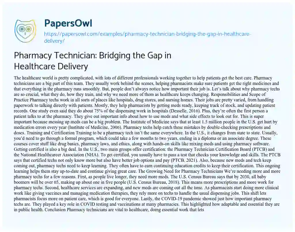 Essay on Pharmacy Technician: Bridging the Gap in Healthcare Delivery