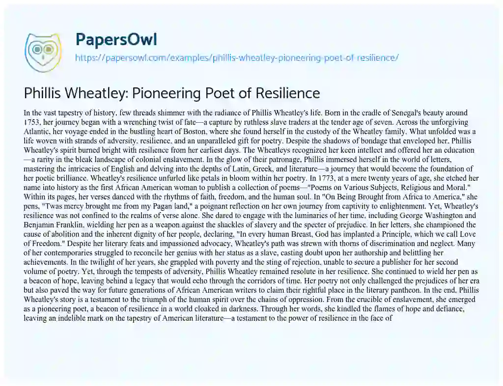 Essay on Phillis Wheatley: Pioneering Poet of Resilience