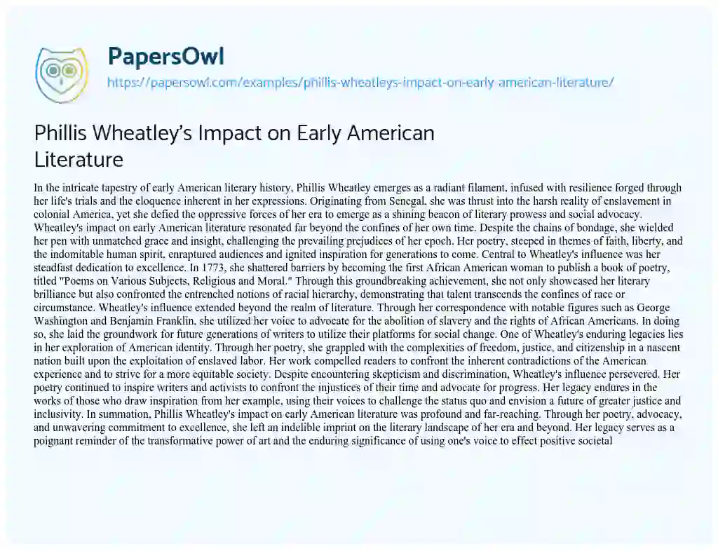 Essay on Phillis Wheatley’s Impact on Early American Literature