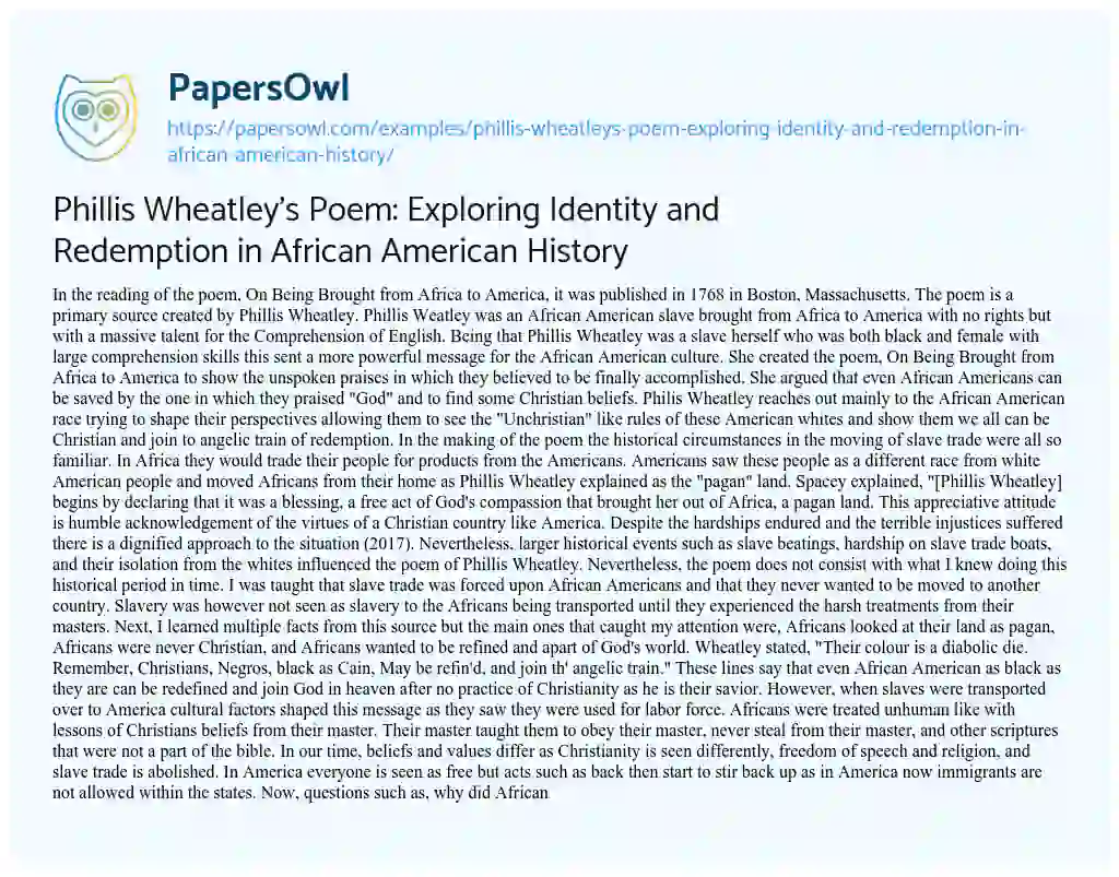 Essay on Phillis Wheatley’s Poem: Exploring Identity and Redemption in African American History
