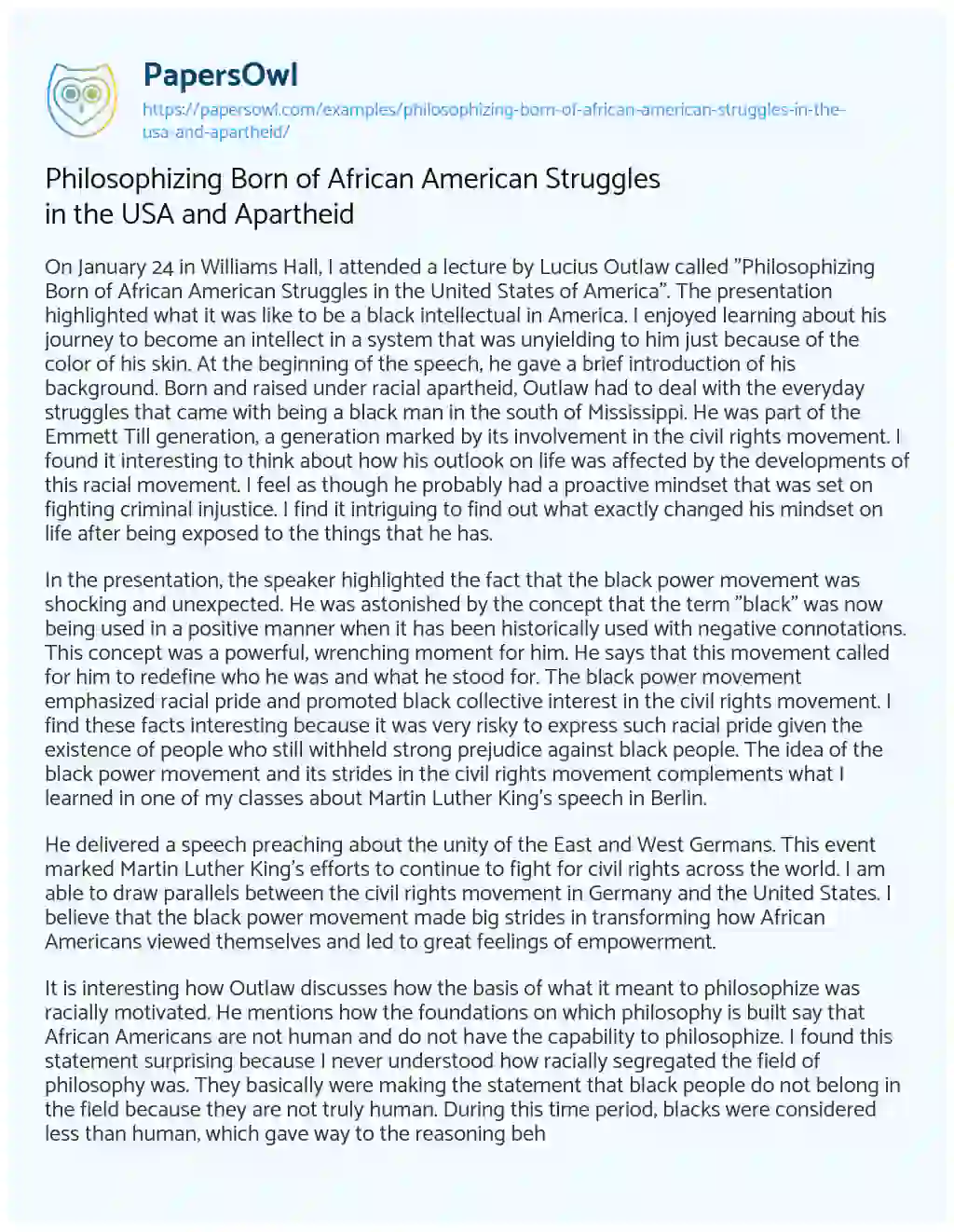 Essay on Philosophizing Born of African American Struggles in the USA and Apartheid