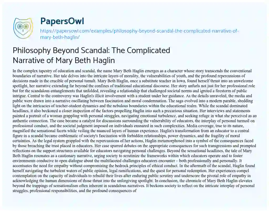 Essay on Philosophy Beyond Scandal: the Complicated Narrative of Mary Beth Haglin