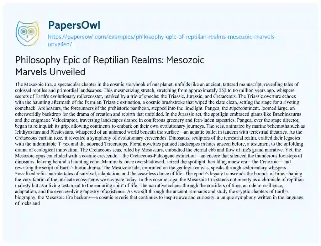 Essay on Philosophy Epic of Reptilian Realms: Mesozoic Marvels Unveiled