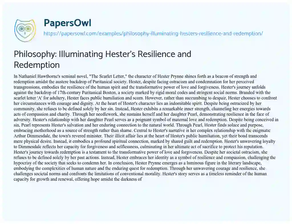 Essay on Philosophy: Illuminating Hester’s Resilience and Redemption