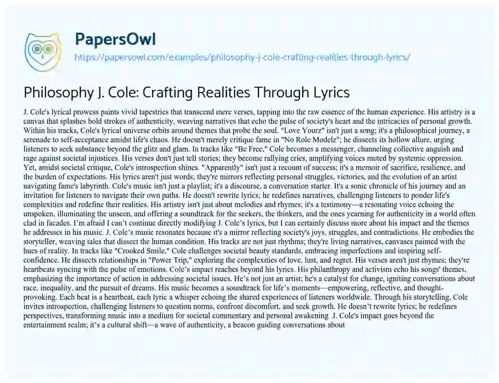 Essay on Philosophy J. Cole: Crafting Realities through Lyrics