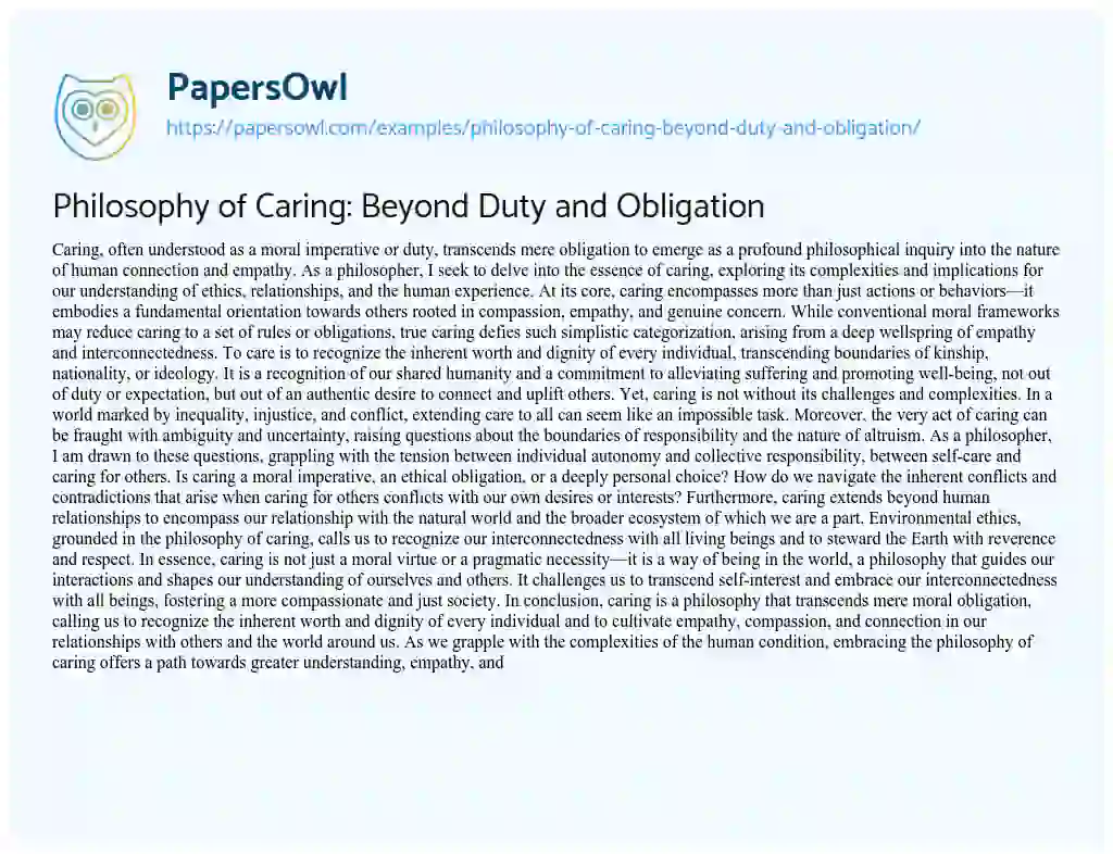 Essay on Philosophy of Caring: Beyond Duty and Obligation