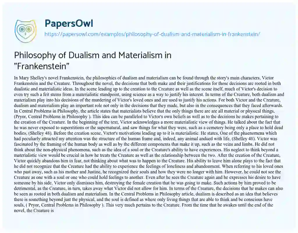Essay on Philosophy of Dualism and Materialism in “Frankenstein”