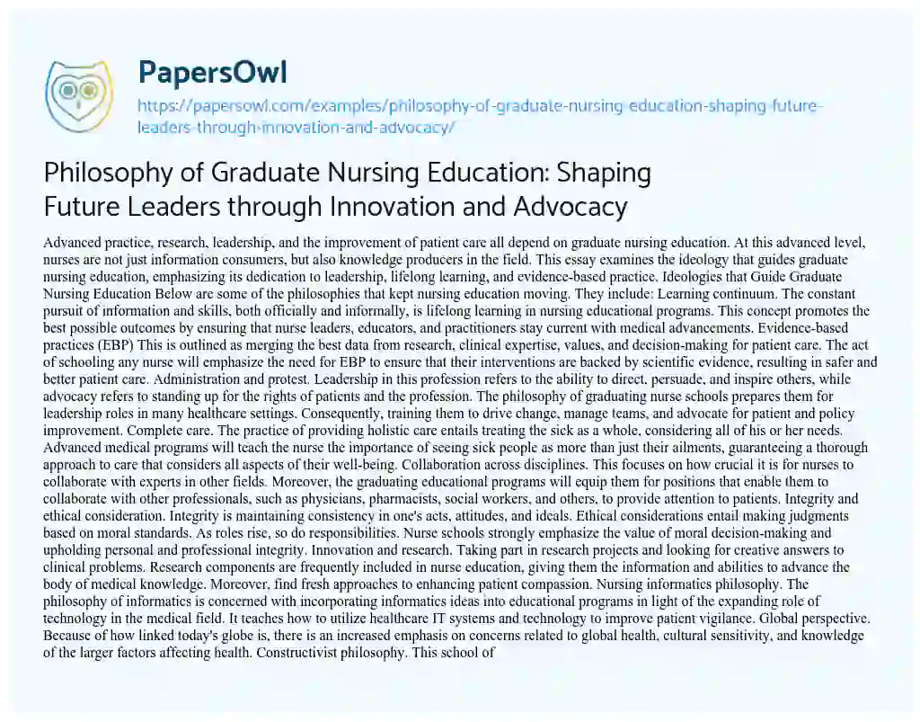 Essay on Philosophy of Graduate Nursing Education: Shaping Future Leaders through Innovation and Advocacy