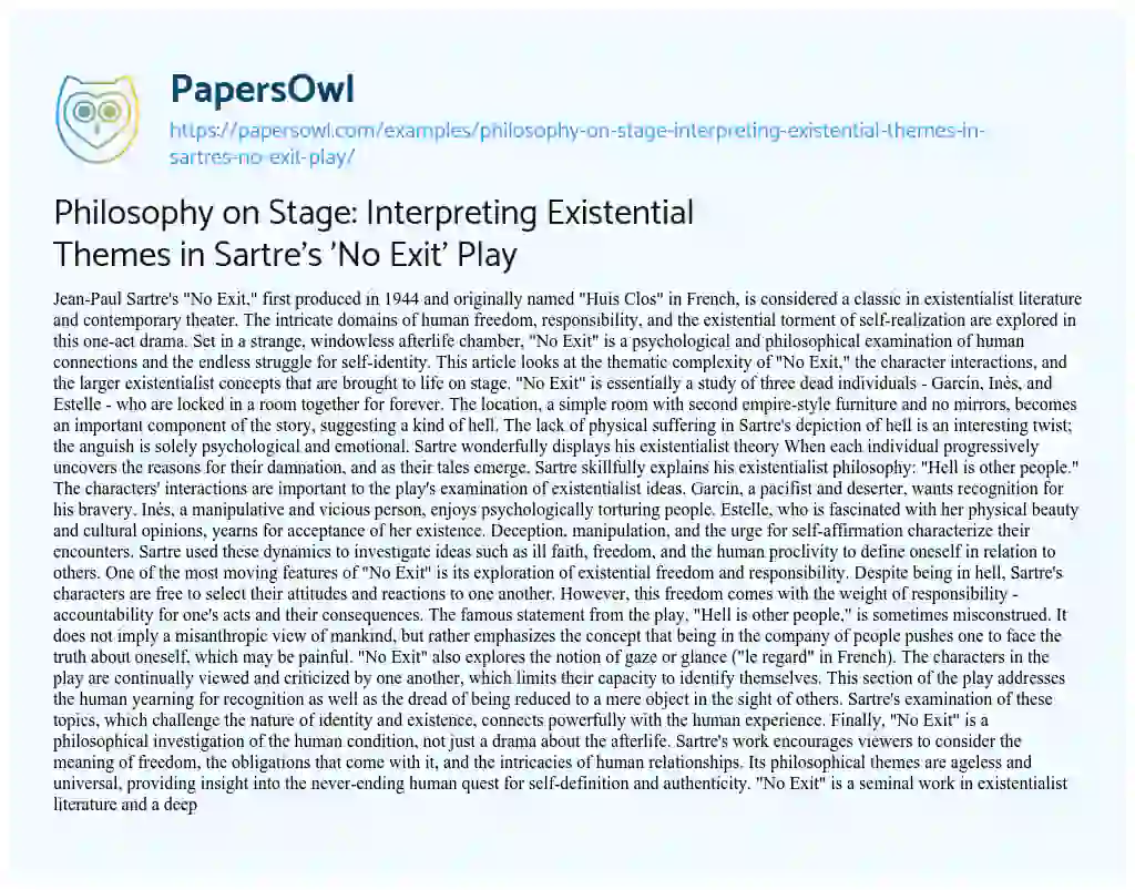 Essay on Philosophy on Stage: Interpreting Existential Themes in Sartre’s ‘No Exit’ Play