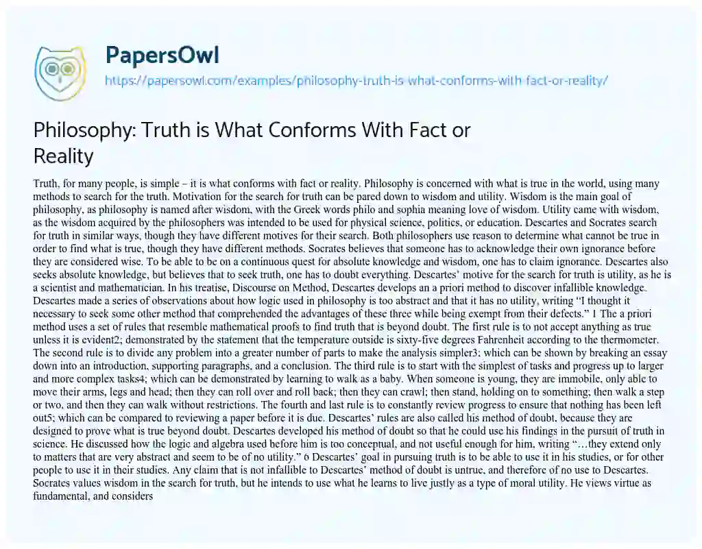 Essay on Philosophy: Truth is what Conforms with Fact or Reality