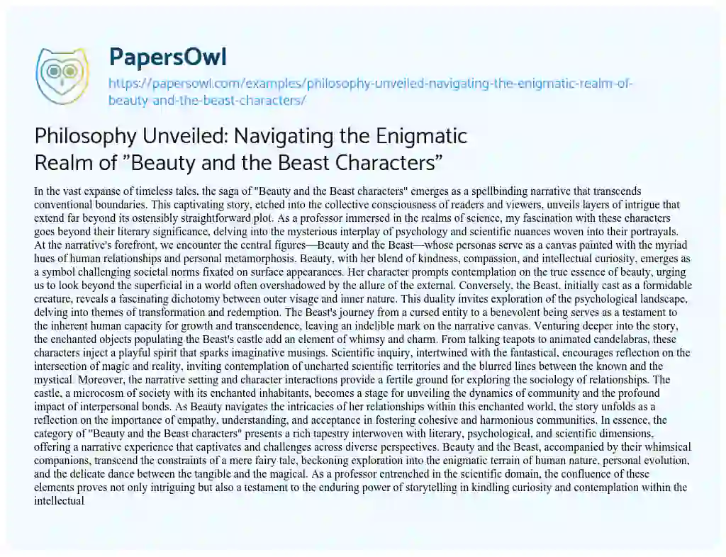 Essay on Philosophy Unveiled: Navigating the Enigmatic Realm of “Beauty and the Beast Characters”