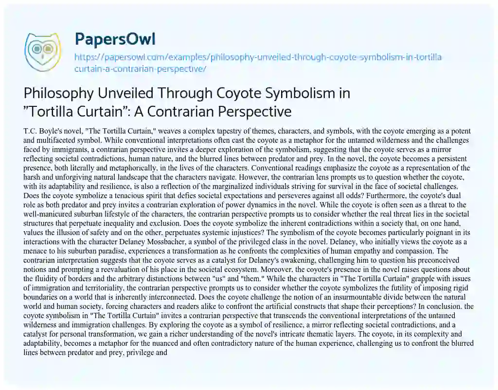 Essay on Philosophy Unveiled through Coyote Symbolism in “Tortilla Curtain”: a Contrarian Perspective