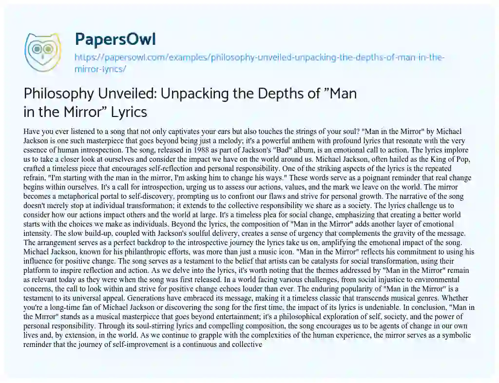 Essay on Philosophy Unveiled: Unpacking the Depths of “Man in the Mirror” Lyrics