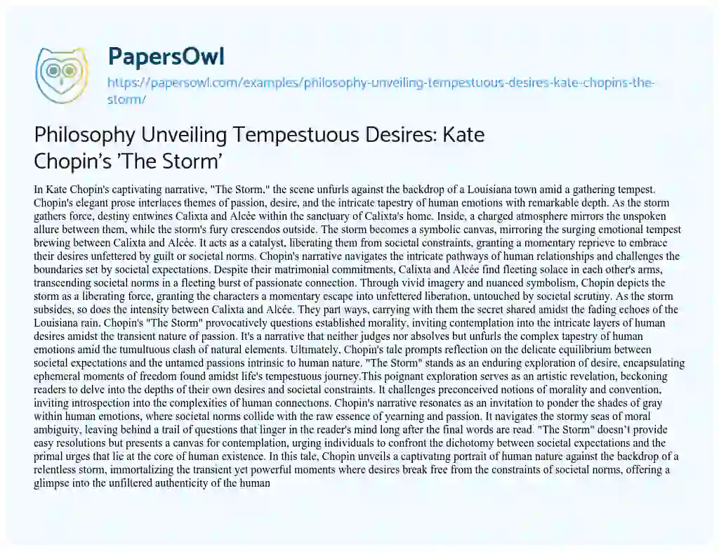 Essay on Philosophy Unveiling Tempestuous Desires: Kate Chopin’s ‘The Storm’