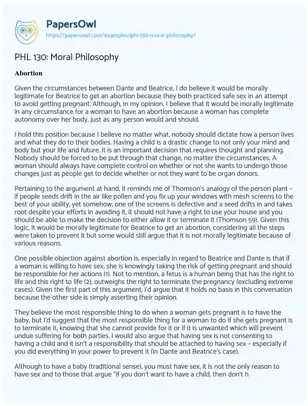 PHL 130: Moral Philosophy essay