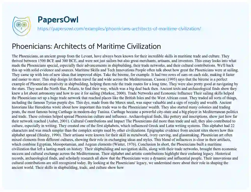 Essay on Phoenicians: Architects of Maritime Civilization