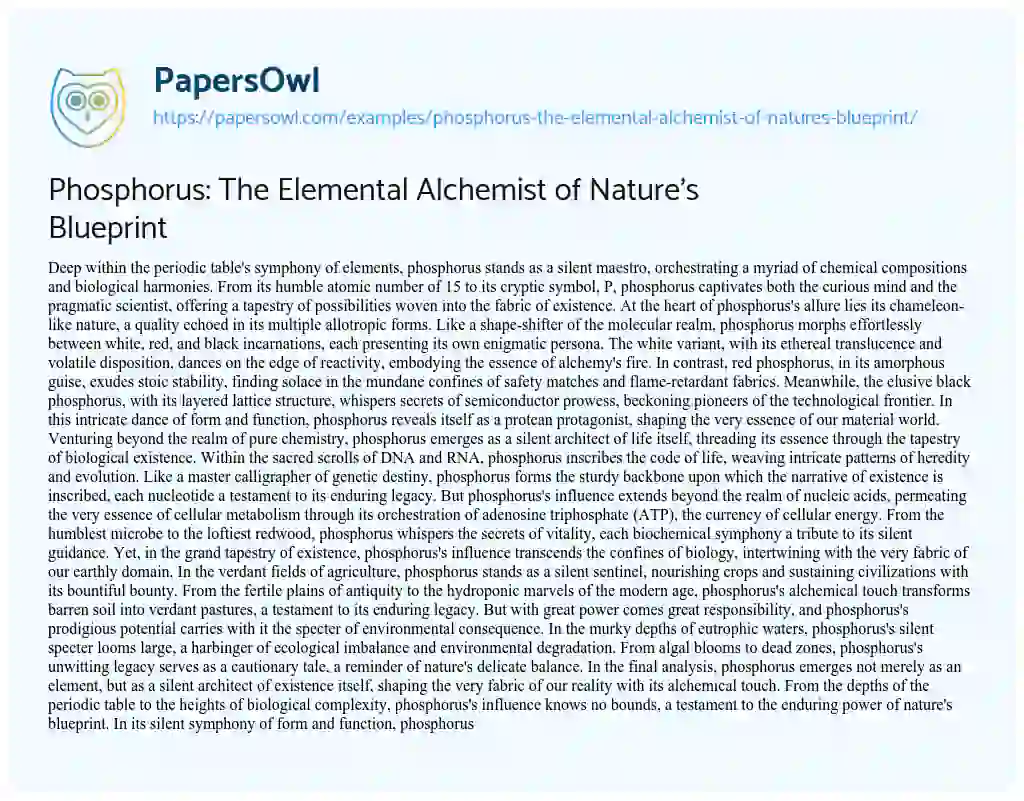 Essay on Phosphorus: the Elemental Alchemist of Nature’s Blueprint