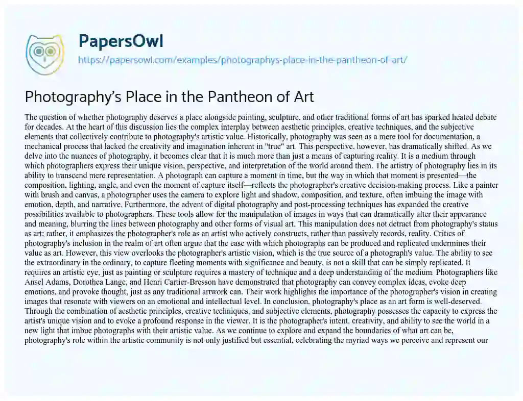 Essay on Photography’s Place in the Pantheon of Art