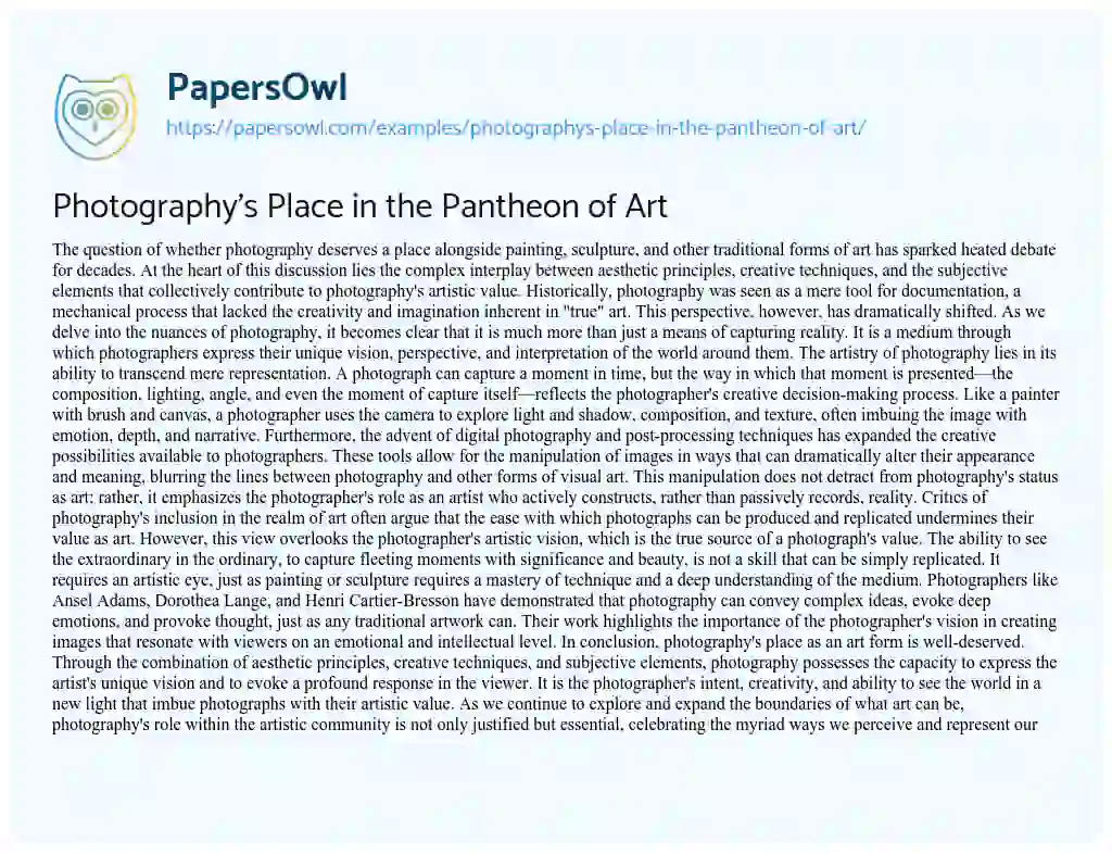 Photography's Place in the Pantheon of Art - Free Essay Example - 512 ...