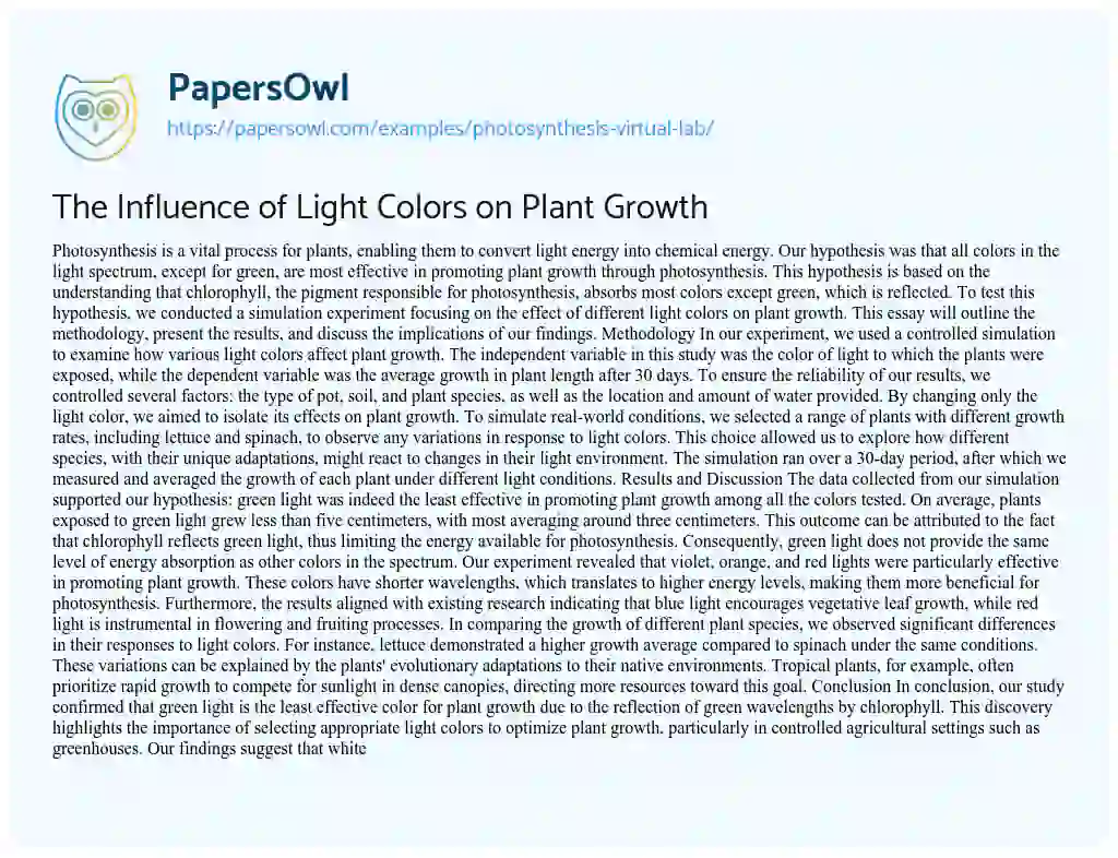 Essay on Photosynthesis Virtual Lab