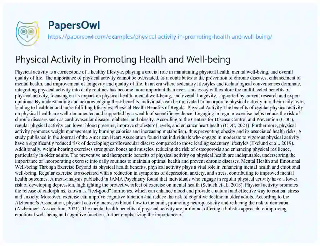 Essay on Physical Activity in Promoting Health and Well-being