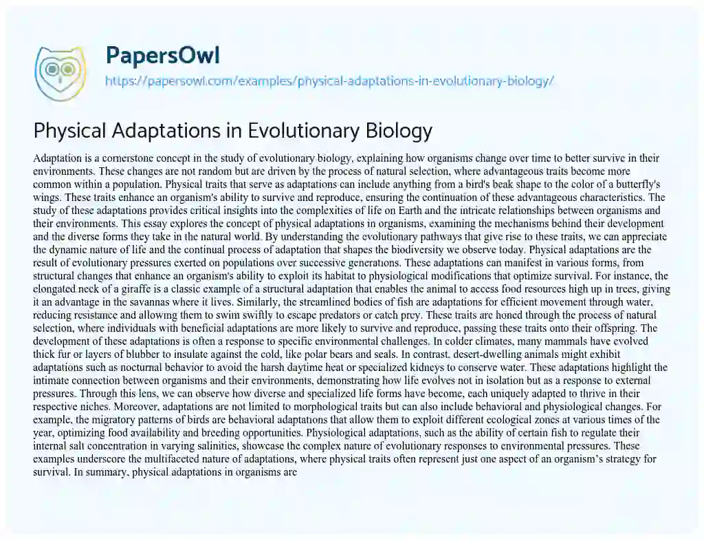 Essay on Physical Adaptations in Evolutionary Biology