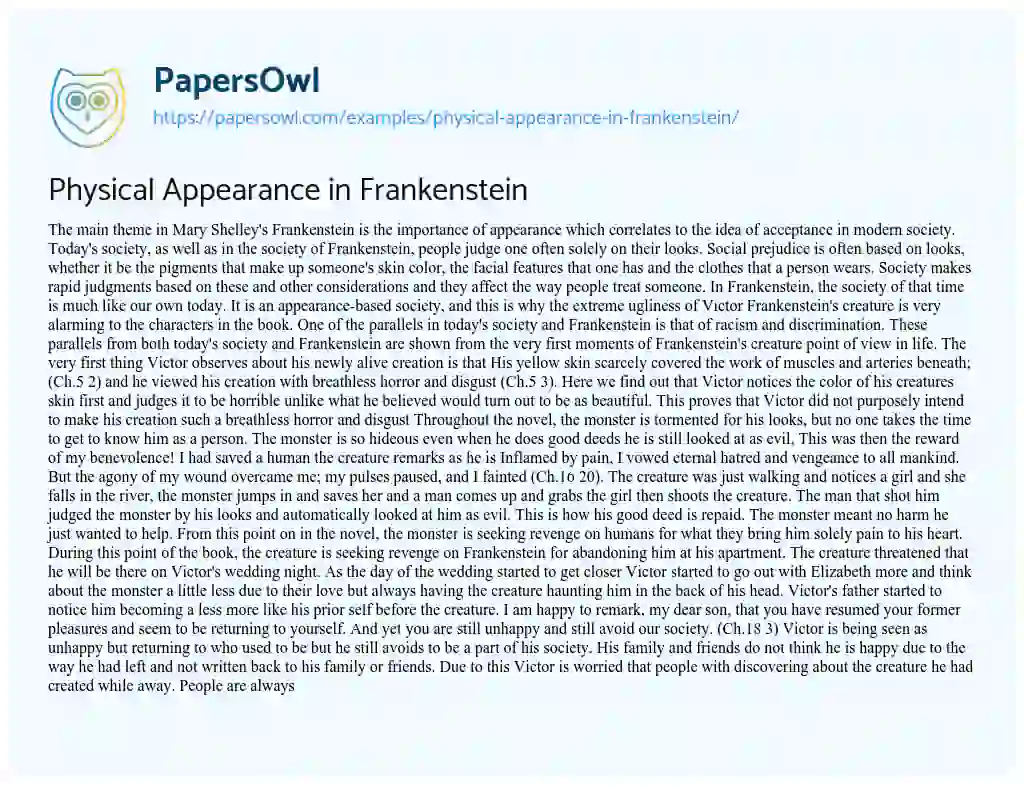 Essay on Physical Appearance in Frankenstein