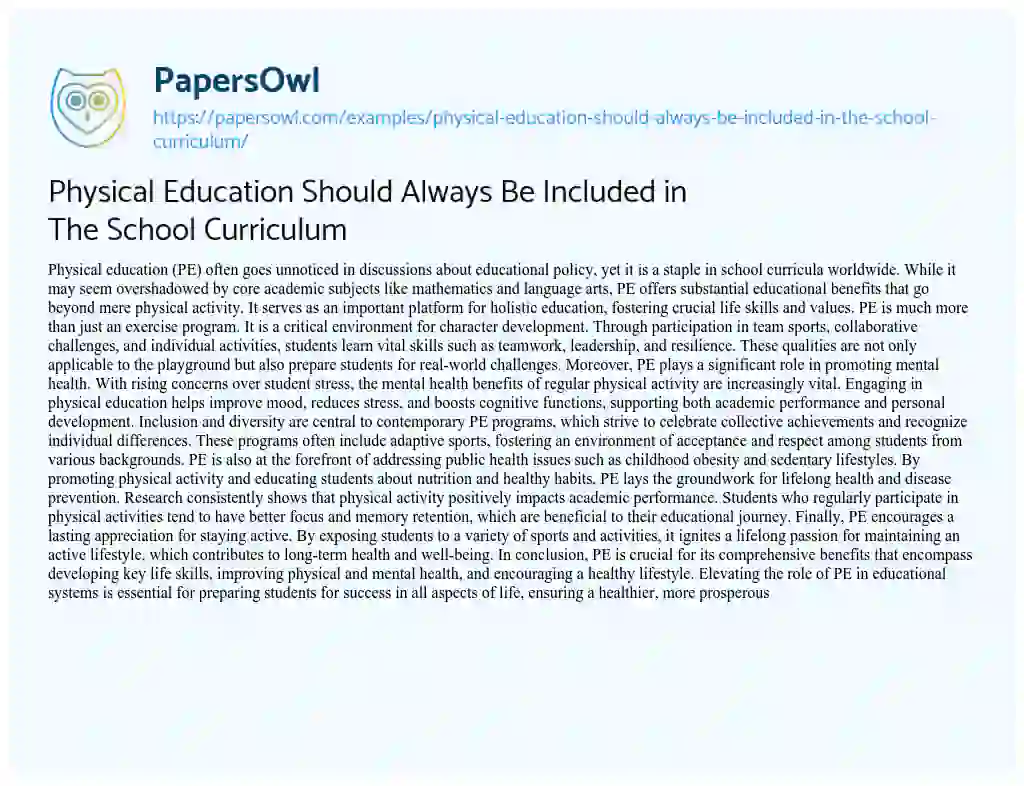 Essay on Physical Education Should Always Be Included in The School Curriculum