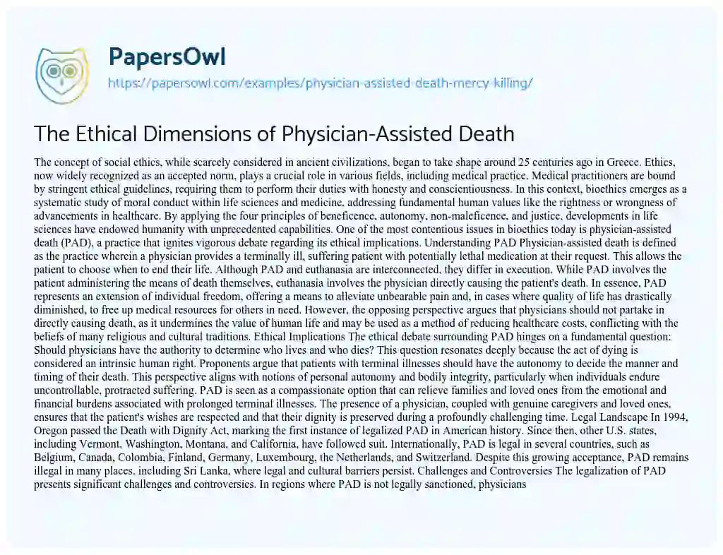 Essay on Physician Assisted Death – Mercy Killing