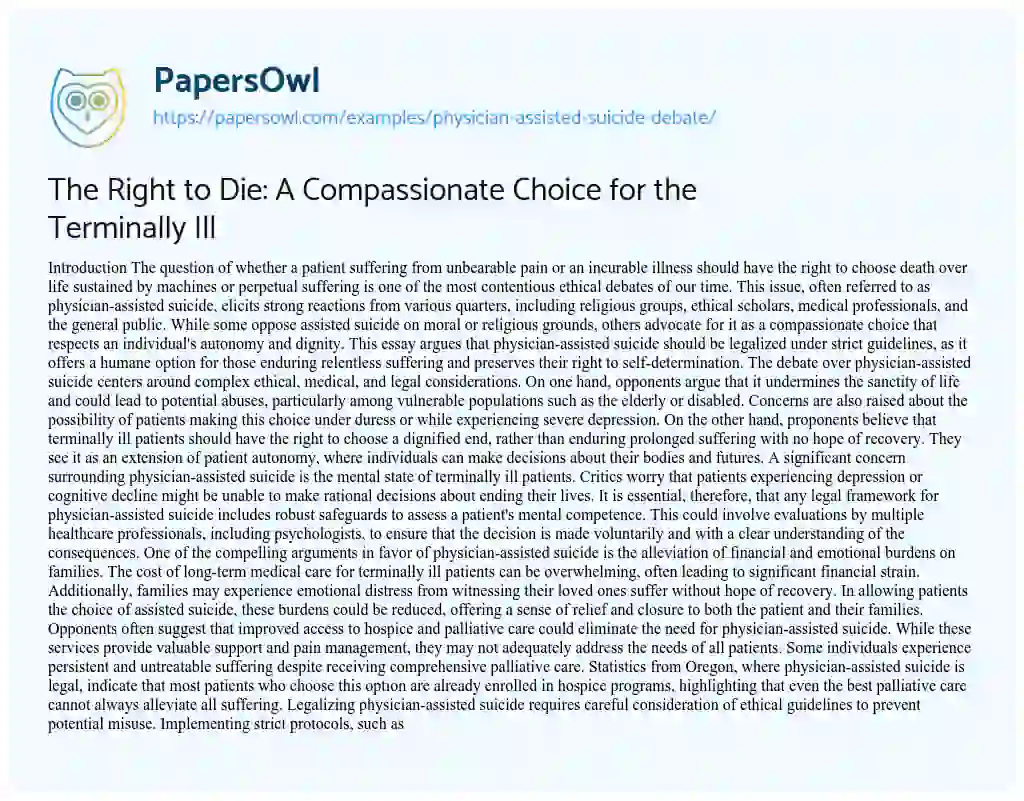 Essay on Physician-assisted Suicide Debate