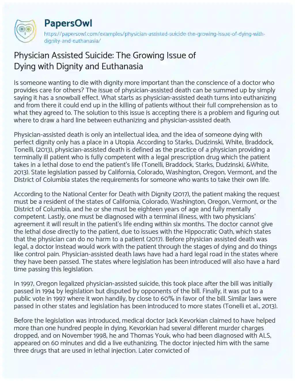 Essay on Physician Assisted Suicide: the Growing Issue of Dying with Dignity and Euthanasia