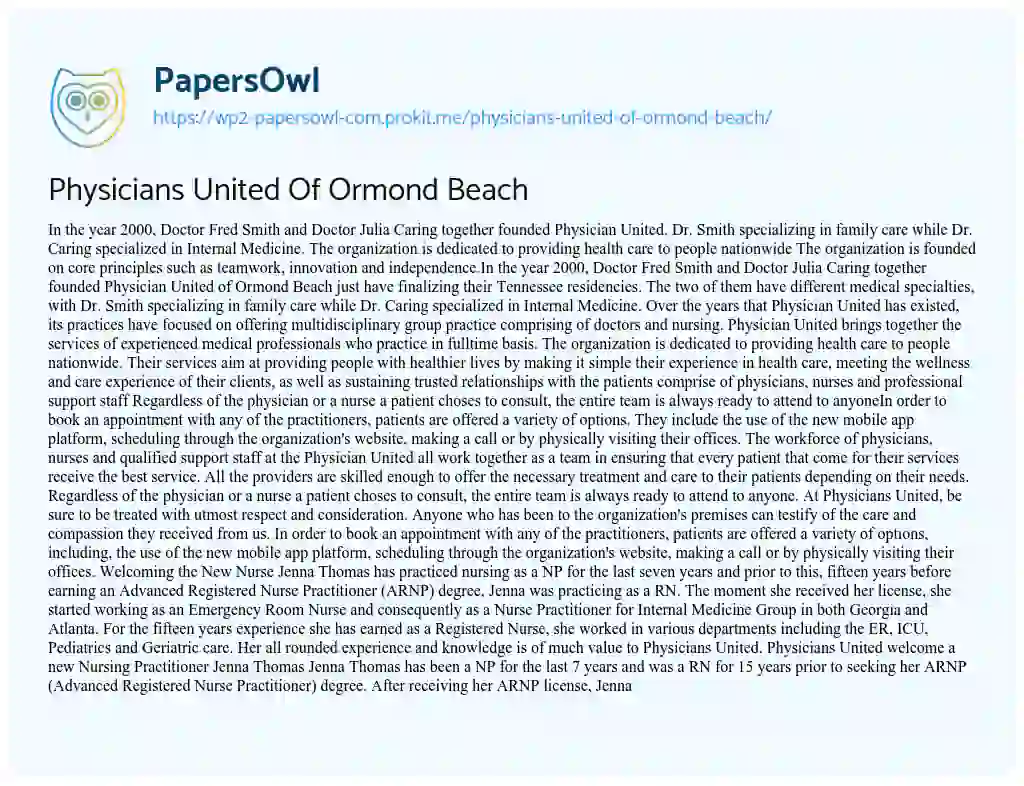 Essay on Physicians United of Ormond Beach