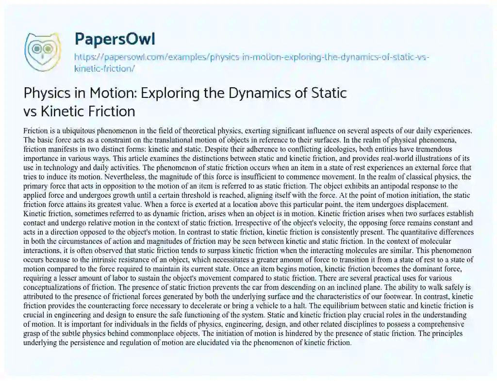 Essay on Physics in Motion: Exploring the Dynamics of Static Vs Kinetic Friction